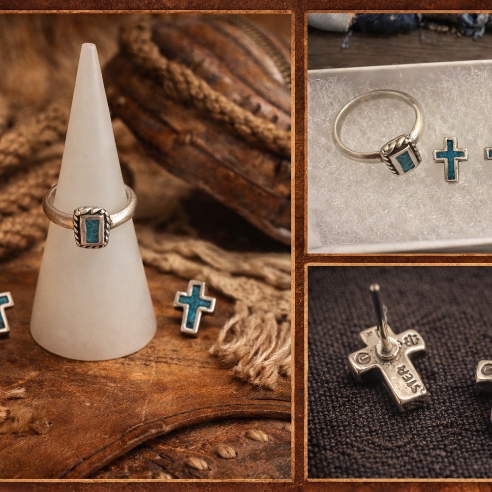 🌵✨ VINTAGE 1980 Sterling Silver Turquoise Cross Set – Ring Sz 4 + Stud Earrings - Picture 12 of 13
